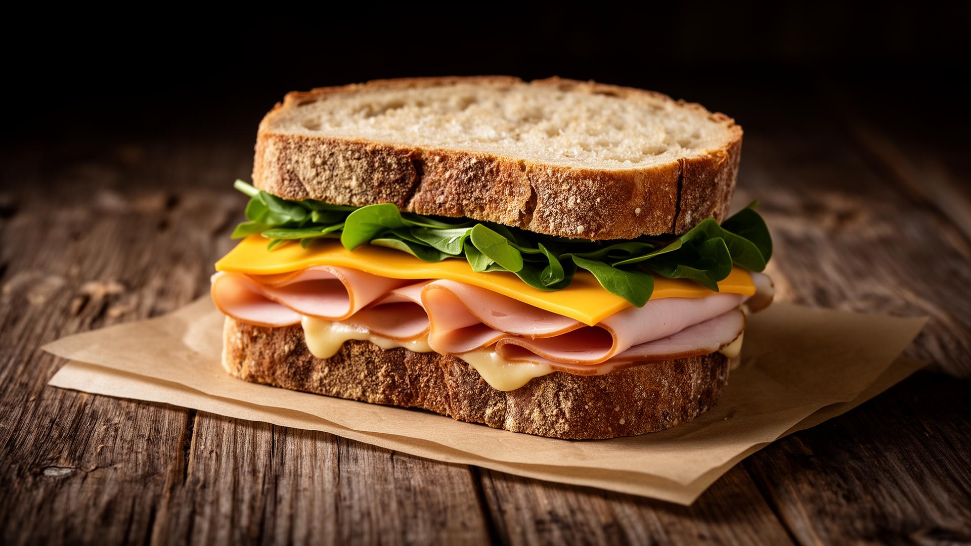 Hand-stacked turkey and cheddar sandwich on rustic sourdough
